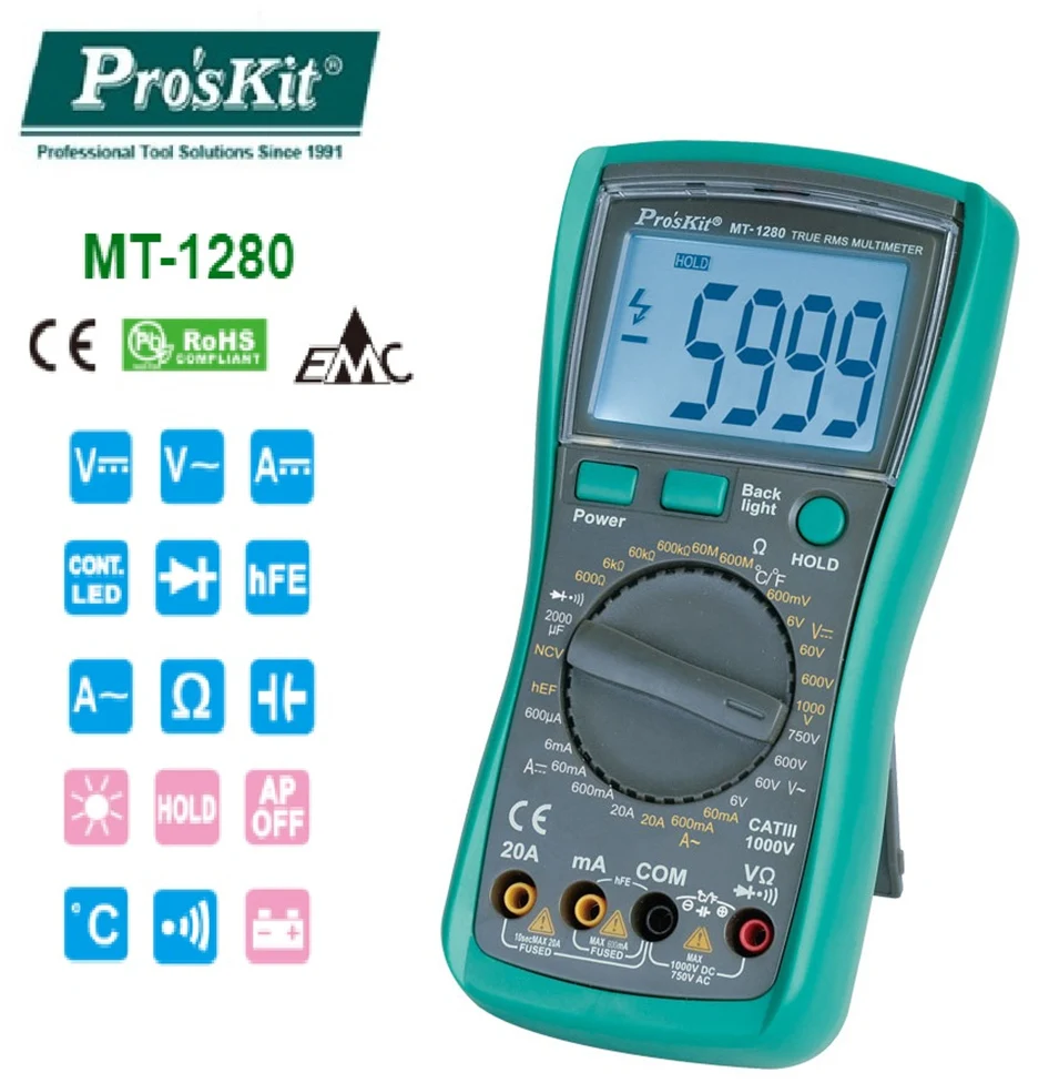 Pro'skit MT-1280 3 5/6 true RMS high precision automatic digital display anti-burning multimeter Capacitance Temperature test
Pro'skit MT-1280 3 5/6 true RMS high precision automatic digital display anti-burning multimeter Capacitance Temperature test