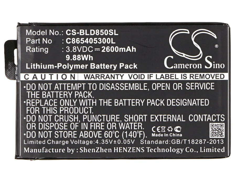 Cameron Sino High Quality 2600mAh Battery C865405300L for BLU D850Q, S0190UU, Studio XL, Studio XL 6.0 HD, Studio XL LTE
Cameron Sino High Quality 2600mAh Battery C865405300L for BLU D850Q, S0190UU, Studio XL, Studio XL 6.0 HD, Studio XL LTE