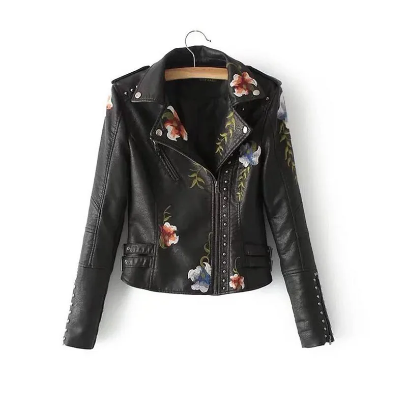 Women Floral Print Embroidery Faux Soft Leather Jacket Coat Turn-down Collar Casual Pu Motorcycle Black Punk Outerwear AA-060
Women Floral Print Embroidery Faux Soft Leather Jacket Coat Turn-down Collar Casual Pu Motorcycle Black Punk Outerwear AA-060
