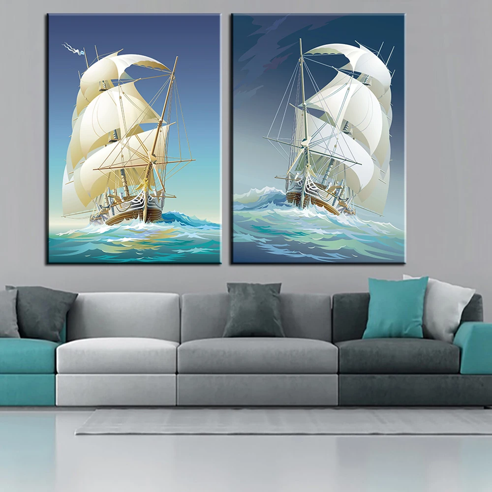 Modular Frameless Oil Painting Modern Print Art of Seascape Sailing on The Sea Canvas Home Decoration for Room Decor 2 Panal | Дом и сад
