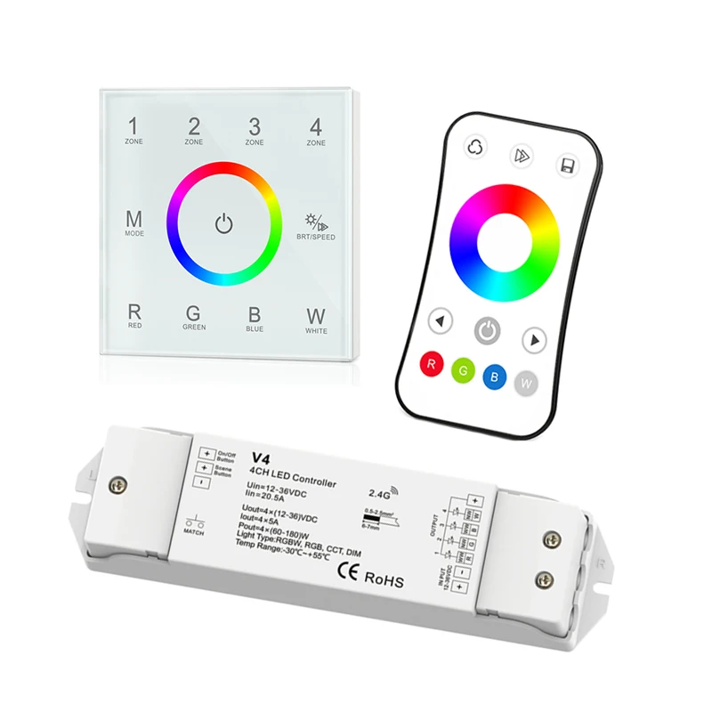 

New Led RGBW Strip Controller 2.4GHz RF Wireless AC 100V -240V Touch Panel V4 CV Receiver 12V 24V 5A 4 Channel R8-1 Remote