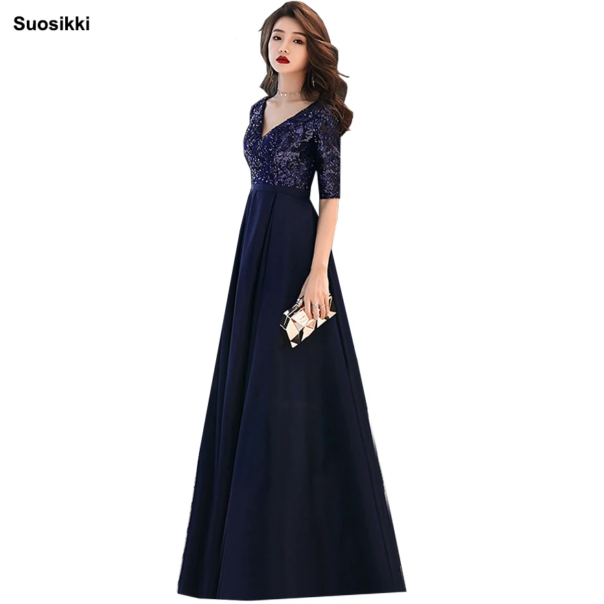 Женское вечернее платье Suosikki синее длинное винтажное с коротким рукавом и