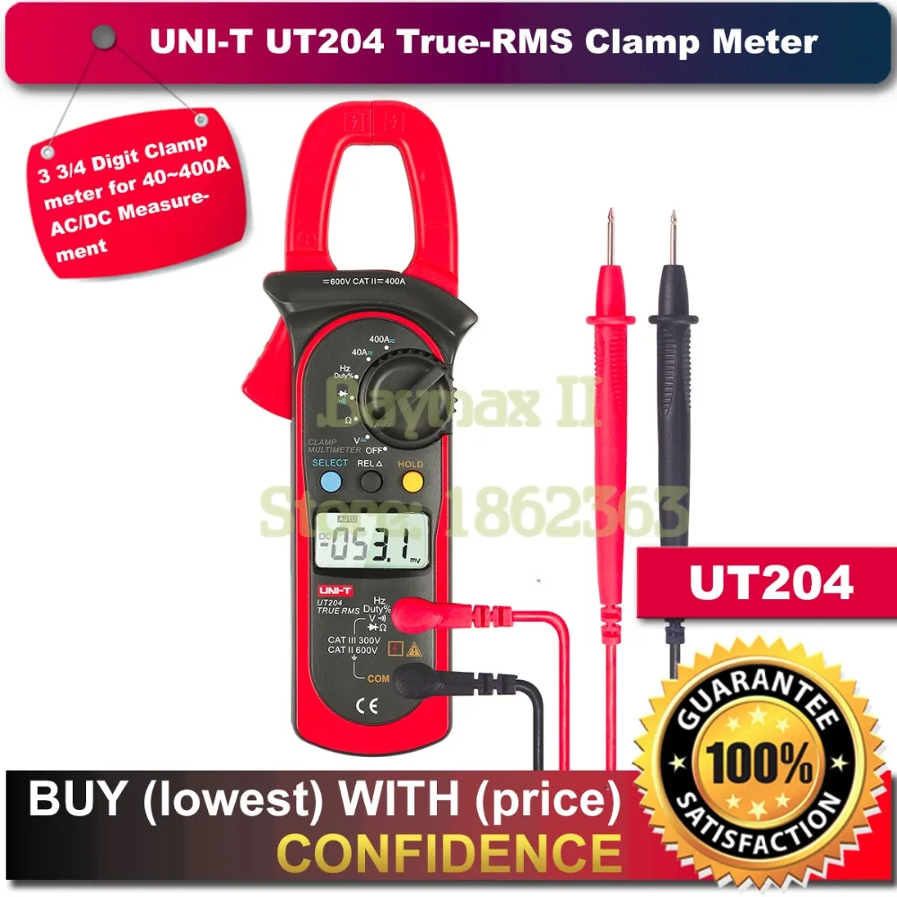 

UNI-T UT204 3 3/4 Digit True RMS Auto Range Digital Clamp Meter for 40~400A AC/DC Current Measurement