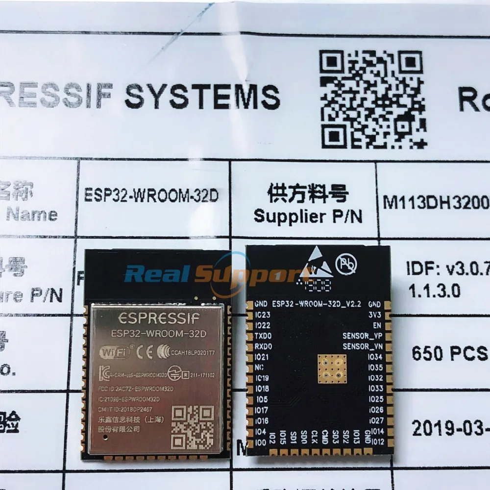650PCS/REEL ESP32-WROOM-32D ESP32-WROOM-32D-N4 ESP32-WROOM-32D-N8 Wi-Fi+BT+BLE ESP32 Module 32Mbits 4MB Flash Memory Espressif
650PCS/REEL ESP32-WROOM-32D ESP32-WROOM-32D-N4 ESP32-WROOM-32D-N8 Wi-Fi+BT+BLE ESP32 Module 32Mbits 4MB Flash Memory Espressif