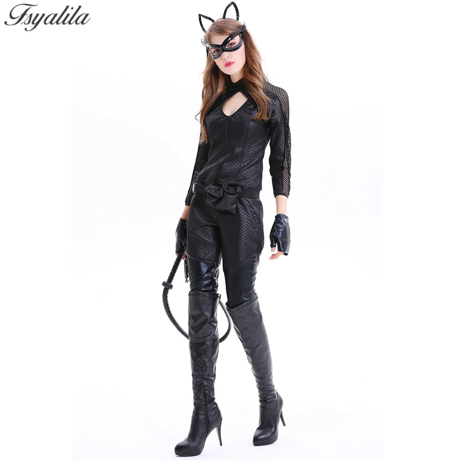 Женщина кошка для косплея костюм из искусственной кожи комбинезон облегающий