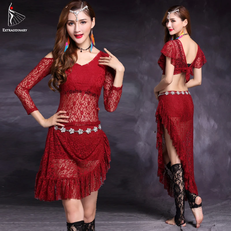Belly Dance Clothing Oriental Women Dance Sexy Lace Practice Clothes V-neck Top Skirt Waist Chain Socks 4pcs Black Size M L
Belly Dance Clothing Oriental Women Dance Sexy Lace Practice Clothes V-neck Top Skirt Waist Chain Socks 4pcs Black Size M L