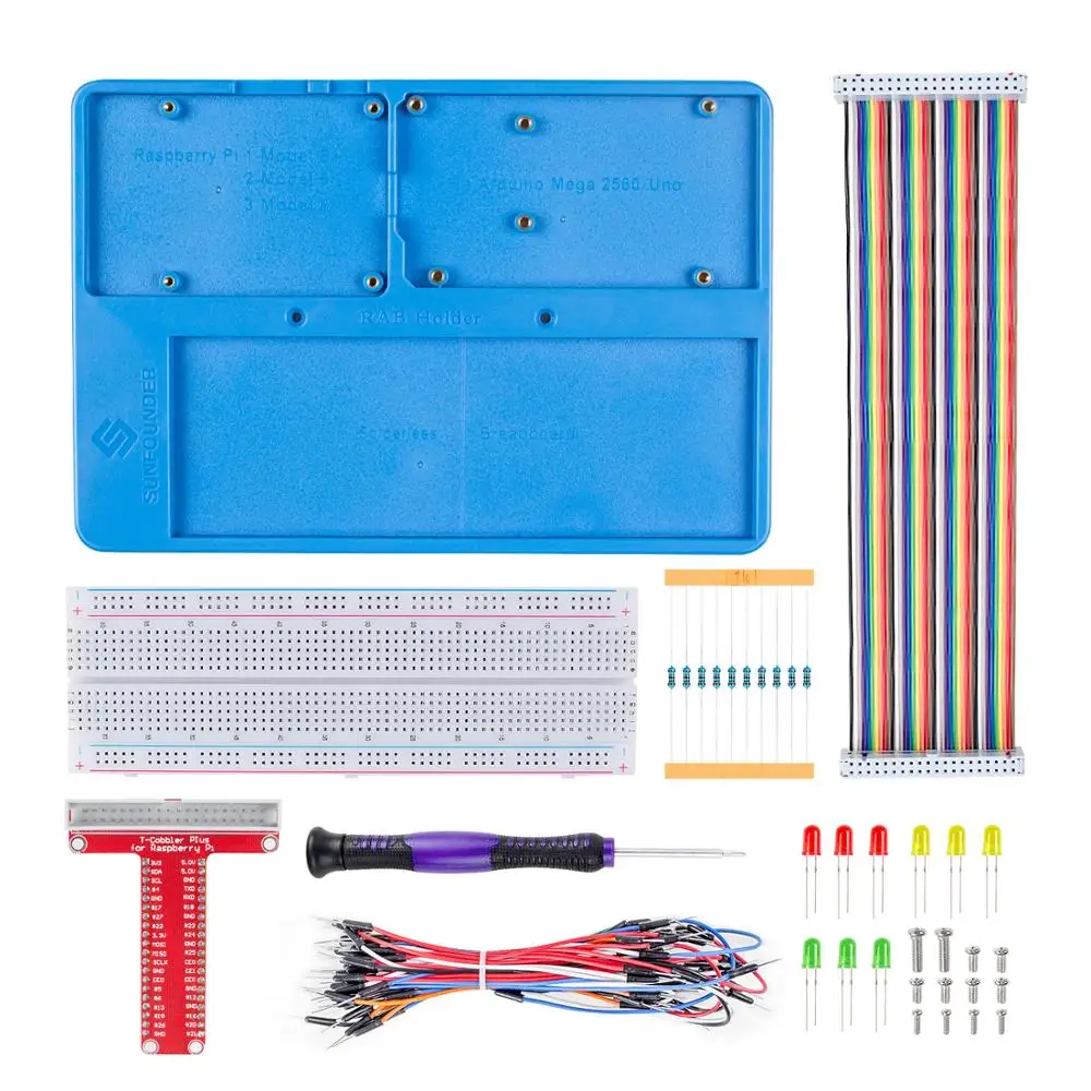 SunFounder RAB Holder Kit with 830 points solderless circuit board Jumper Wires LED Resistors for Arduino Raspberry Pi 3B+
SunFounder RAB Holder Kit with 830 points solderless circuit board Jumper Wires LED Resistors for Arduino Raspberry Pi 3B+