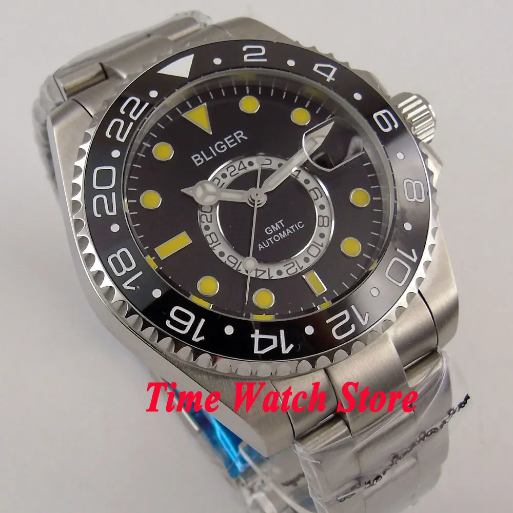 Bliger 43mm black dial yellow marks Ceramic Bezel sapphire glass 24 hours GMT Automatic movement Men's watch men 208
Bliger 43mm black dial yellow marks Ceramic Bezel sapphire glass 24 hours GMT Automatic movement Men's watch men 208