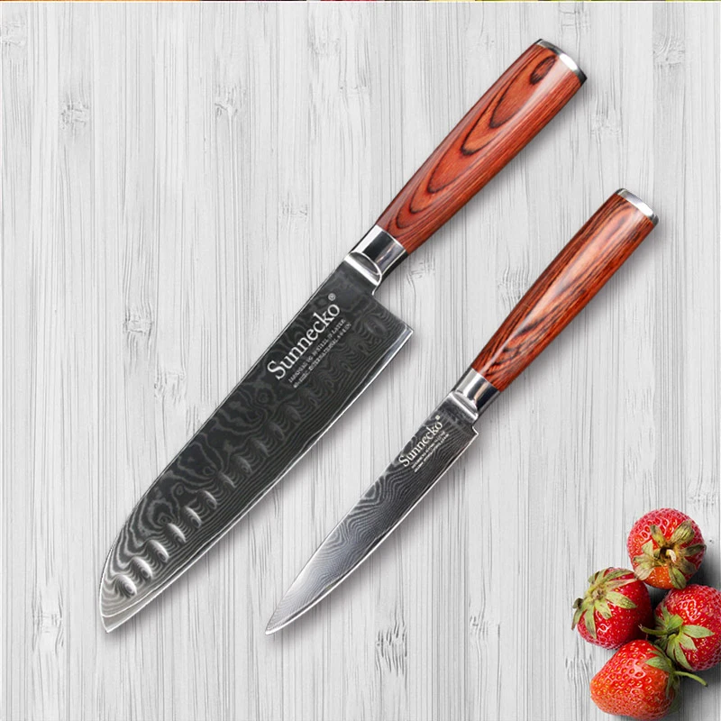 Фото Набор кухонных ножей SUNNECKO из 2 предметов японский Дамаск VG10 стальной нож Santoku Pakka с