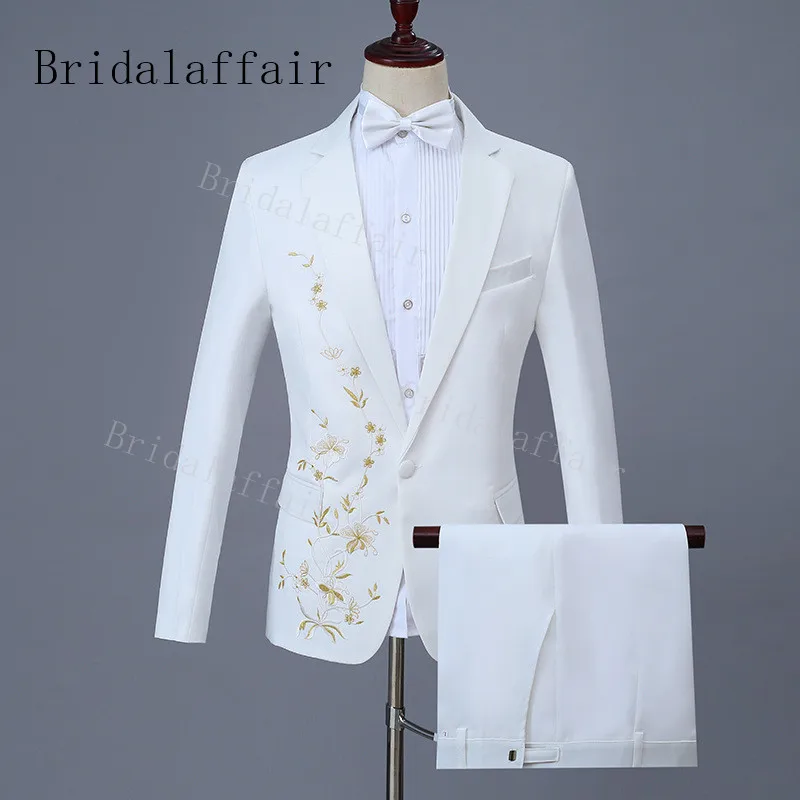 Bridalaffair золотистая вышивка итальянские мужские белые свадебные костюмы для