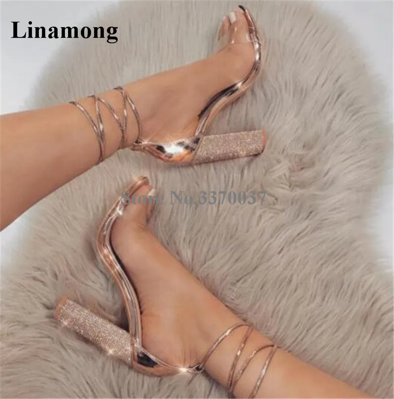 Women Fashion Open Toe PVC Straps Bling Bling Champagne Gold Chunky Heels Sandals Lace-up Rose Gold Rhinestone High Heel Sandals
Women Fashion Open Toe PVC Straps Bling Bling Champagne Gold Chunky Heels Sandals Lace-up Rose Gold Rhinestone High Heel Sandals