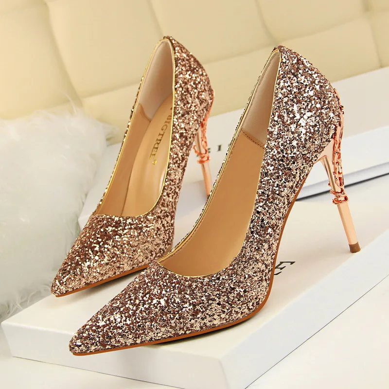 

Women Pumps Sexy Sequined Cloth Shallow spring Pointed Sequin 9.5cm Thin High Heels Women Wedding Shoes Party Nightclub Pump