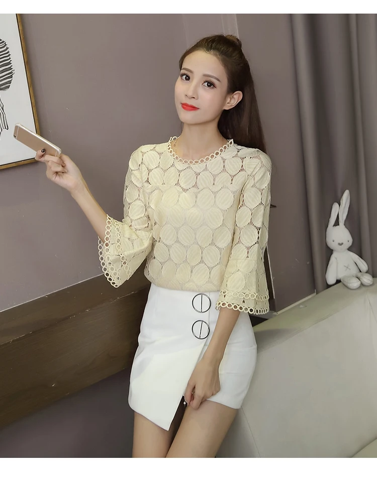Hollow Out Lace Blouses Shirts New Autumn Korean Women Clothing Flare Sleeves O-Neck Slim Female Apricot White Tops
Hollow Out Lace Blouses Shirts New Autumn Korean Women Clothing Flare Sleeves O-Neck Slim Female Apricot White Tops