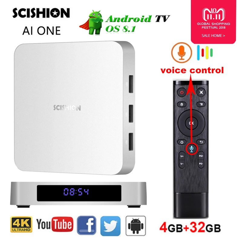 Android 8 1 Smart ТВ коробка SCISHION Ай одна Rockchip 3328 4 ГБ/32 ГБ 2.4g WiFi USB3.0 BT4.0 Декодер каналов