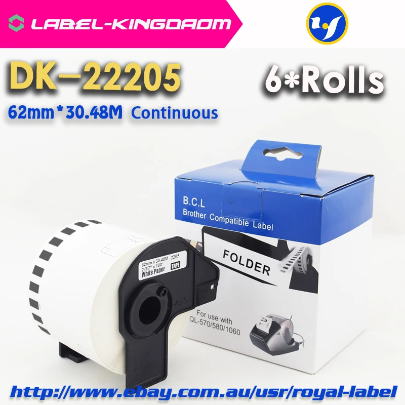 6 рулонов совместимый DK 22205 этикеткой 62 мм * 30 48 м непрерывный брат принтер QL 570 700