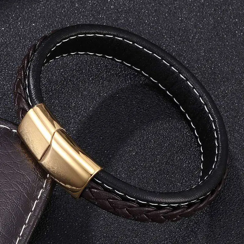 Trendy Punk Leather Bracelet Of Men Gold Stainless Steel Magnetic Clasp Bangles Fashion Jewelry Gift BB0212
Trendy Punk Leather Bracelet Of Men Gold Stainless Steel Magnetic Clasp Bangles Fashion Jewelry Gift BB0212