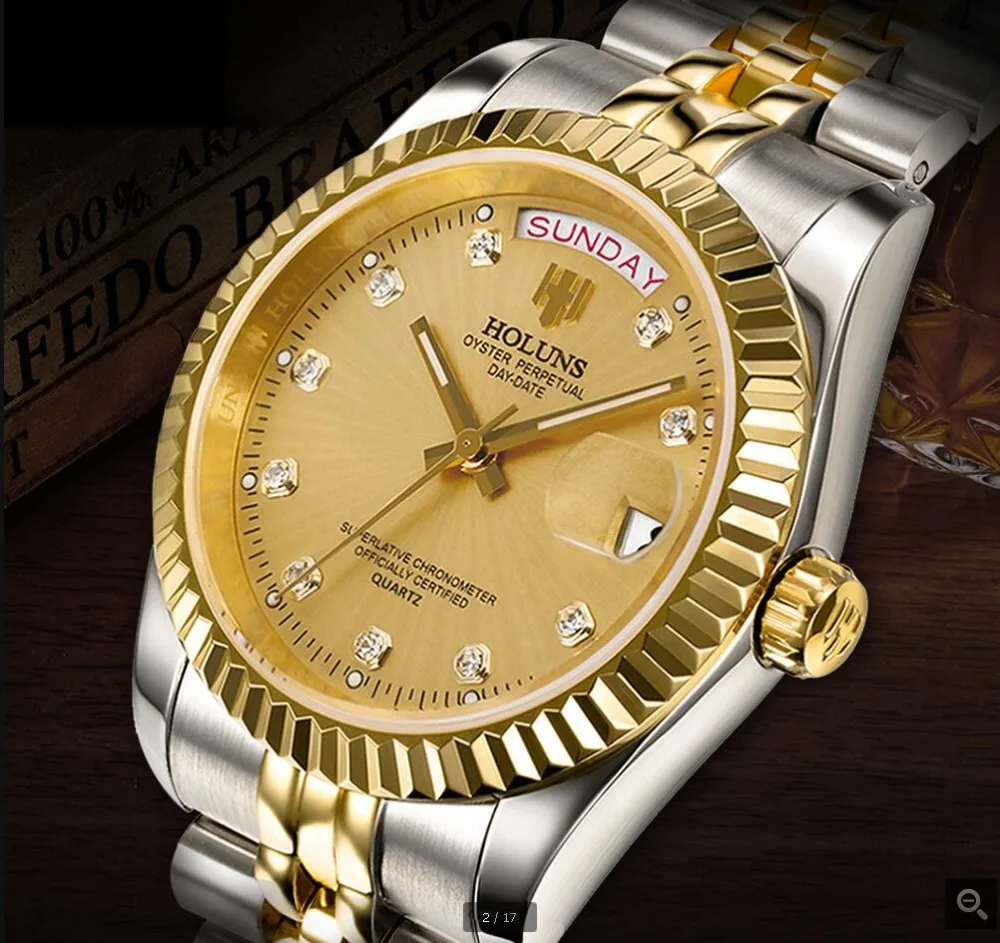 

Top brand Holuns mens watches role style watch gold diamonds quartz man watch classic steel calendar waterproof male wrist watch