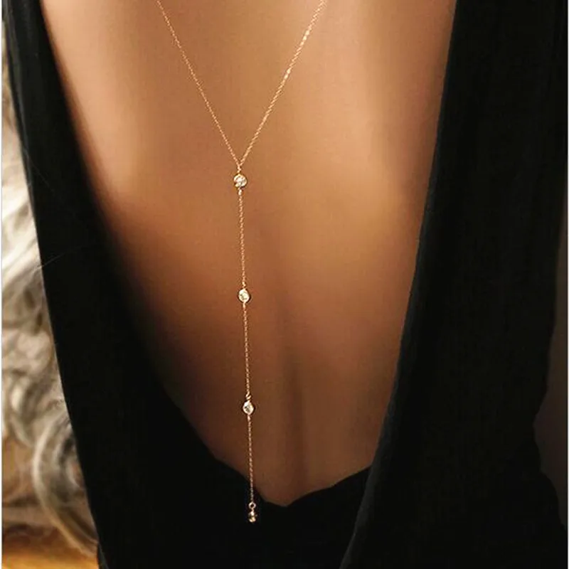 

New Women Long Back Necklace Body Sexy Chain Bare Back Gold Color Crystal Rhinestone Pendant Necklaces Backdrop Beach Jewelry