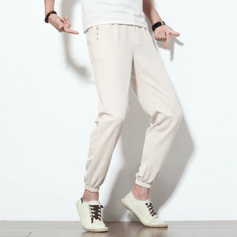 Mens linen cotton pants ankle length elastic waist and hem beige M-4XL casual hip pockets high quality drop shipping embroidery 
Mens linen cotton pants ankle length elastic waist and hem beige M-4XL casual hip pockets high quality drop shipping embroidery