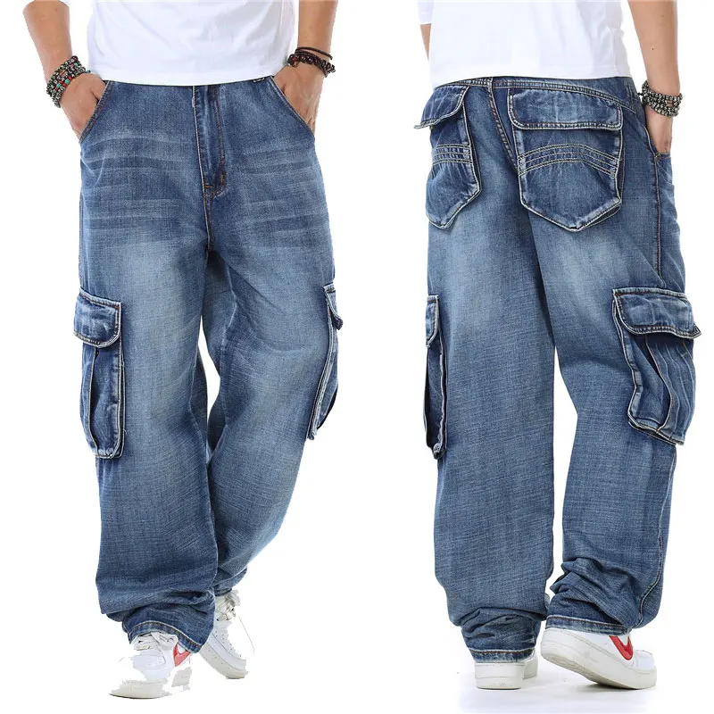 

Джинсы-карго мужские прямые в японском стиле, байкерские брюки из денима, Мешковатые Свободные синие джинсы с боковыми карманами, 2021
