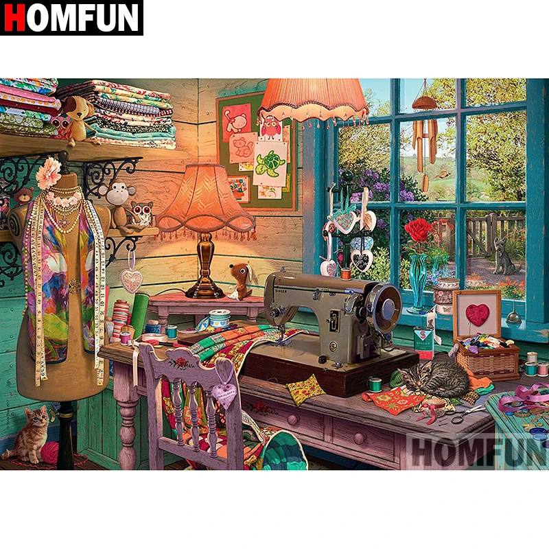 Картина швейная машина HOMFUN A08426 алмазная вышивка с квадратными/круглыми стразами