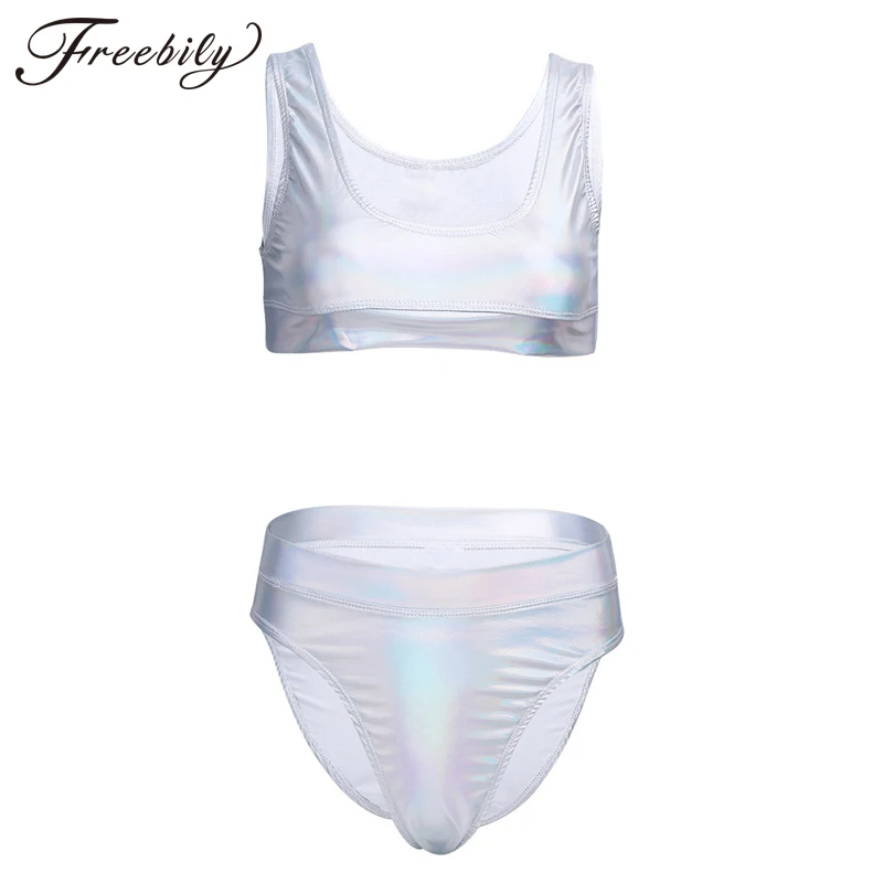 

Holographic Crop Top Sets 2 Piece Sets festival rave Clothes Outfits Hologram Tank Top High Waist Shorts Bikini Bottoms