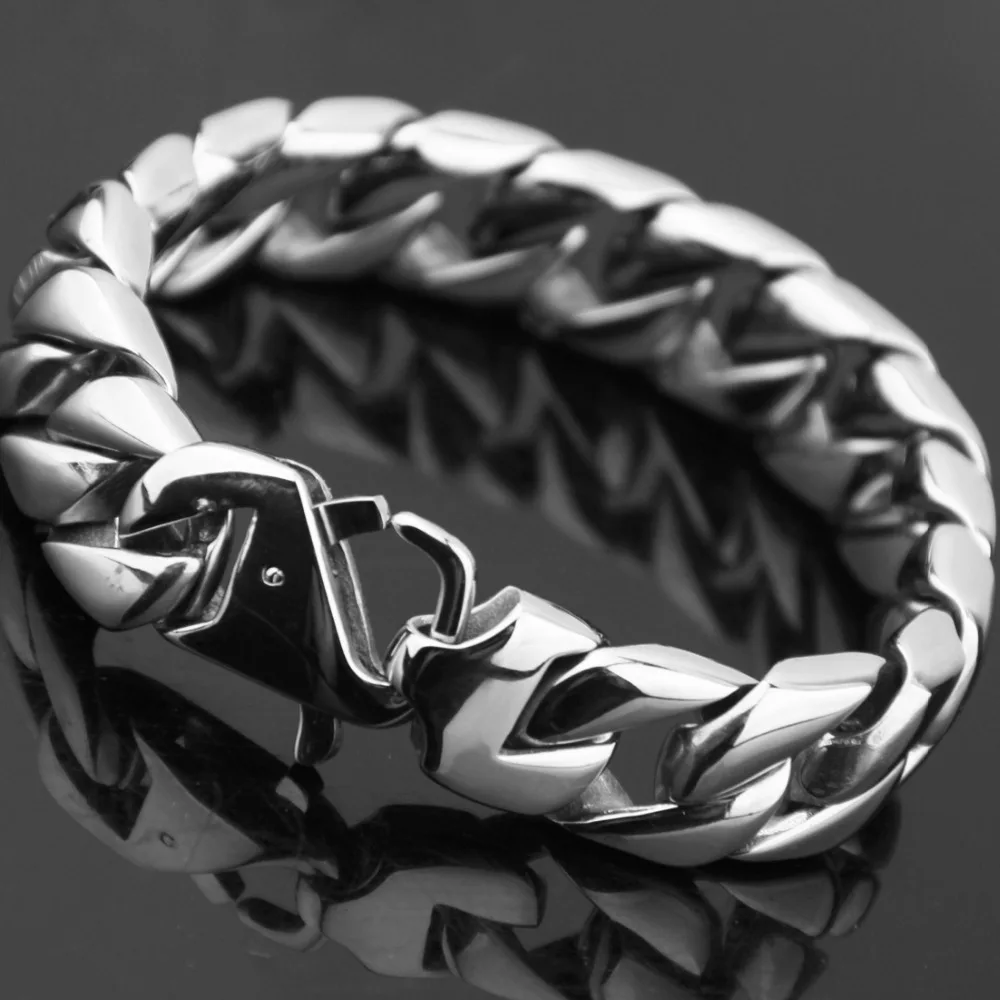 

15mm Hip-hop 316L Stainless Steel Silver Color Smooth Cuban Curb Chain Biker Jewelry Men's Bracelet Bangle 8.66" Christmas Gift