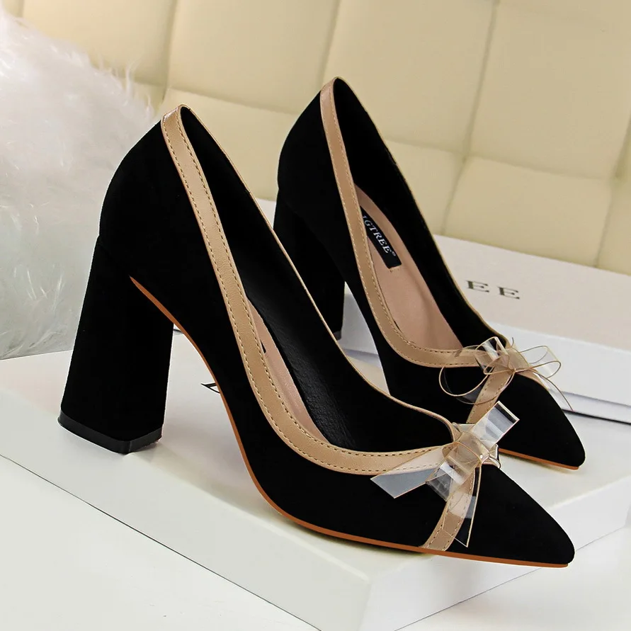 Women Shoes Pointed Toe Pumps sweet Suede Colorblock Transparent Bow tie Dress Shoes 8.5CM Square heel High Heels Wedding Shoes
Women Shoes Pointed Toe Pumps sweet Suede Colorblock Transparent Bow tie Dress Shoes 8.5CM Square heel High Heels Wedding Shoes