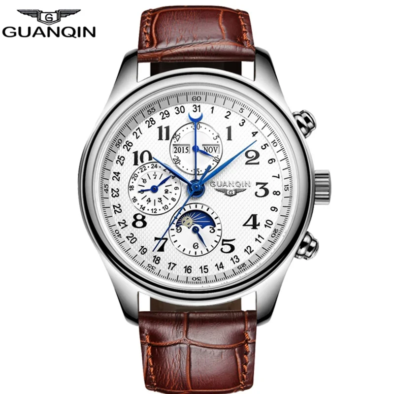 

GUANQIN Business Automatic Watches Top brand Luxury Mechanical watch men Perpetual Calendar Moon Phase Leather Relogio Masculino