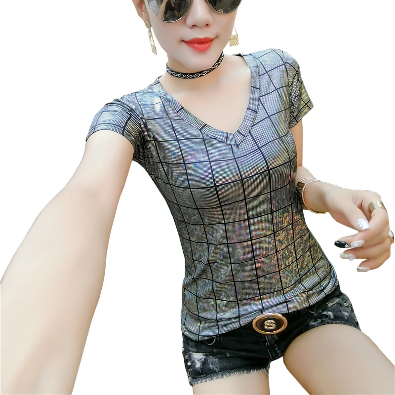 Shine silver gold t shirt women 2021 summer v neck short sleeve plaid tshirt tops streetwear fashion plus size elastic t-shirt
Shine silver gold t shirt women 2021 summer v neck short sleeve plaid tshirt tops streetwear fashion plus size elastic t-shirt