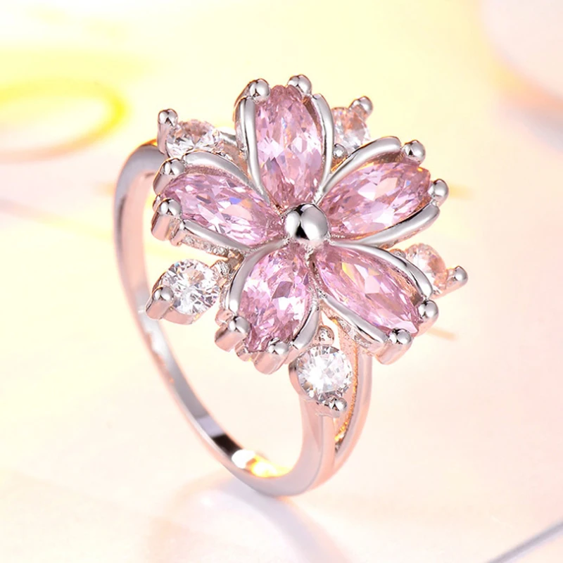 Женское кольцо розовый белый цветок со стразами роскошное ювелирное изделие