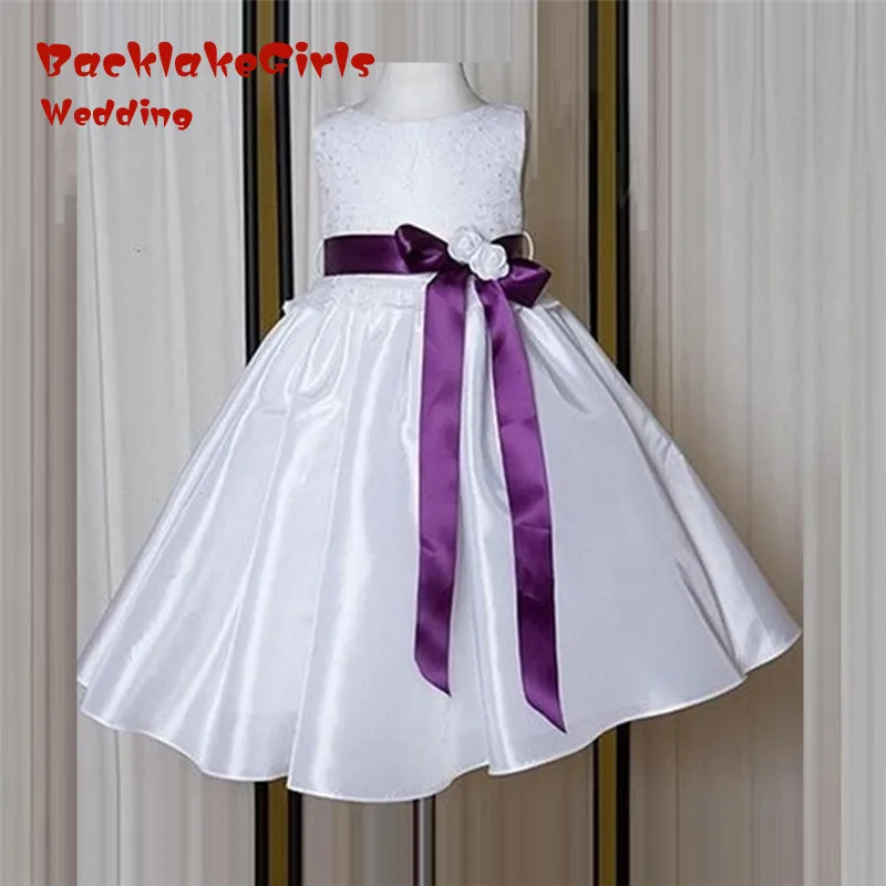 Flower Girl Dresses For Wedings A-Line Kids Frock Designs Purple Ribbon With Bowknbot & Flowers Vestido De Festa Communion Dress | Свадьбы