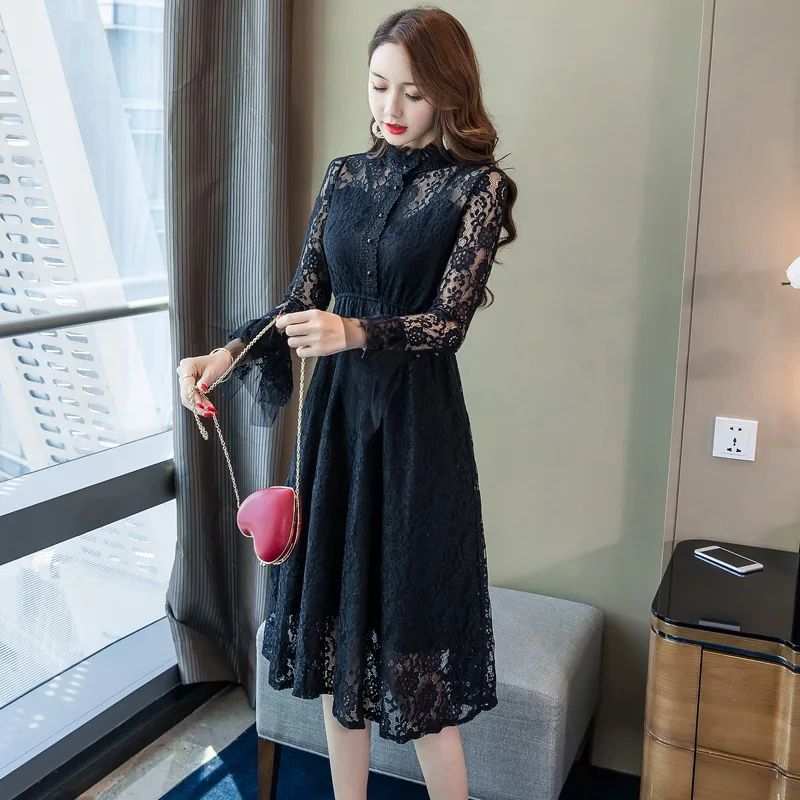 Women Solid A-line Dress Autumn Black Long Flare Sleeve Stand Knee-length Modis Elegant Party Dress Kawaii Lace Dresses Ladies
Women Solid A-line Dress Autumn Black Long Flare Sleeve Stand Knee-length Modis Elegant Party Dress Kawaii Lace Dresses Ladies