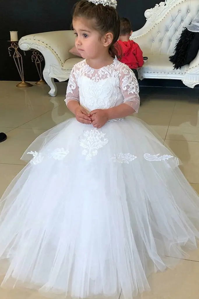 Cheap White Floor Length Half Sleeves Tulle Flower Girl Dress with Lace Appliques
Cheap White Floor Length Half Sleeves Tulle Flower Girl Dress with Lace Appliques