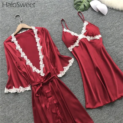 HaloSweet пижамы для женщин платья шелковый халат белье Ночная рубашка домашний