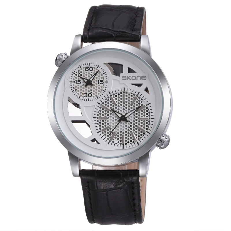 SKONE watches men creative men's dual-time display wristwatch leather strap analog sport quartz wrist watch waterproof | Наручные