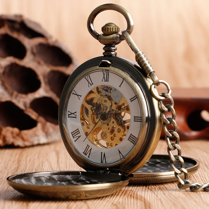Retro Bronze Hollow Case Double Full Hunter Design Roman Number Skeleton Mechanical Pocket Watches Steampunk Fob Watch for Men
Retro Bronze Hollow Case Double Full Hunter Design Roman Number Skeleton Mechanical Pocket Watches Steampunk Fob Watch for Men