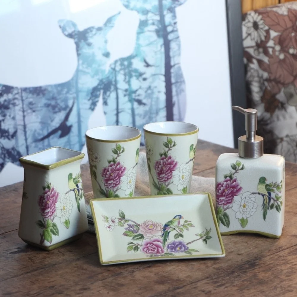 Chinese high-temperature ceramic bathroom toiletries five-piece American pastoral bathroom mug cup soap box decoration LO87133
Chinese high-temperature ceramic bathroom toiletries five-piece American pastoral bathroom mug cup soap box decoration LO87133