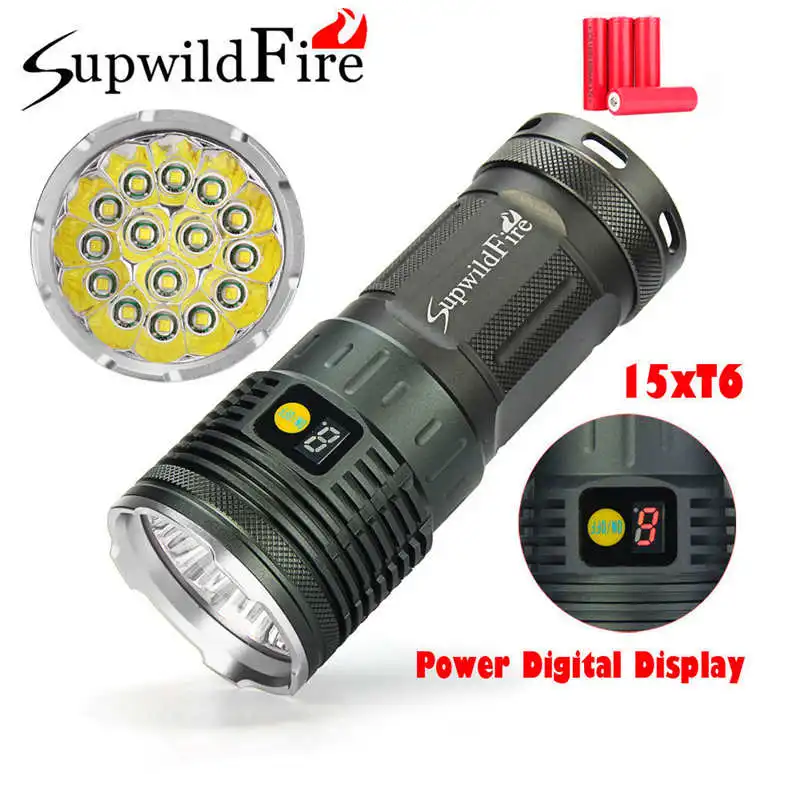 Supwildfire 50000LM 15 x XM-L T6 LED rechargeable Power Digital Display Hunting powerful led flashlight 18650 battery #3S28 | Лампы и