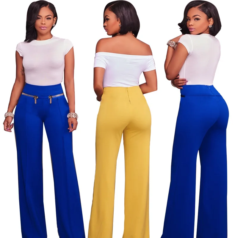 Сплошной цвет молнии отделкой прямые брюки талии|straight trousers|colorful trouserzipper trousers |