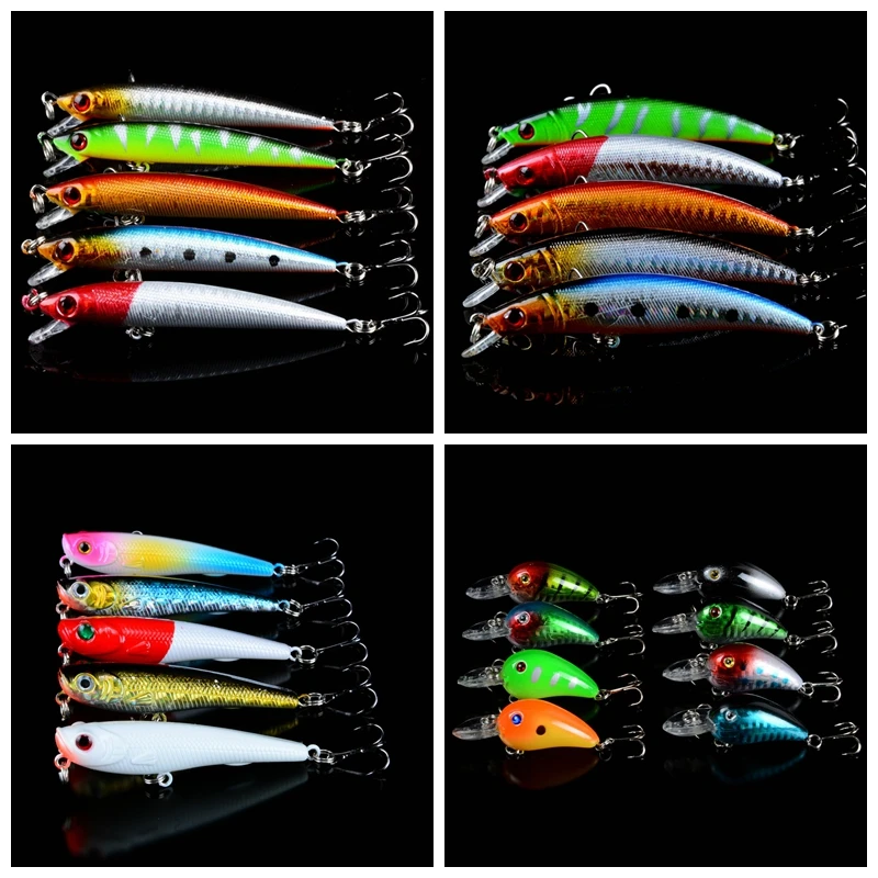56 шт./лот 9 моделей рыболовные приманки Minnow/Crank/Pencil/VIB приманка и твердая лягушка