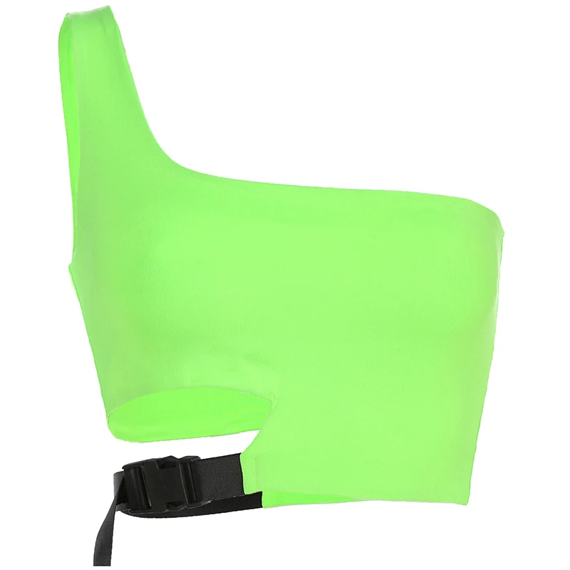 One Shoulder Neon Green Crop Top Patchwork Sleeveless Women Tank Casual Cropped Tops Tees Ladies Streetwear 2019 Short | Женская одежда