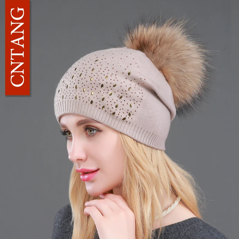 CNTANG 2018 Winter Female Hats Beanies Fashion Fur Headgear For Women Hat With Pompom Wool Warm Knitted Double Deck Caps Ladies |