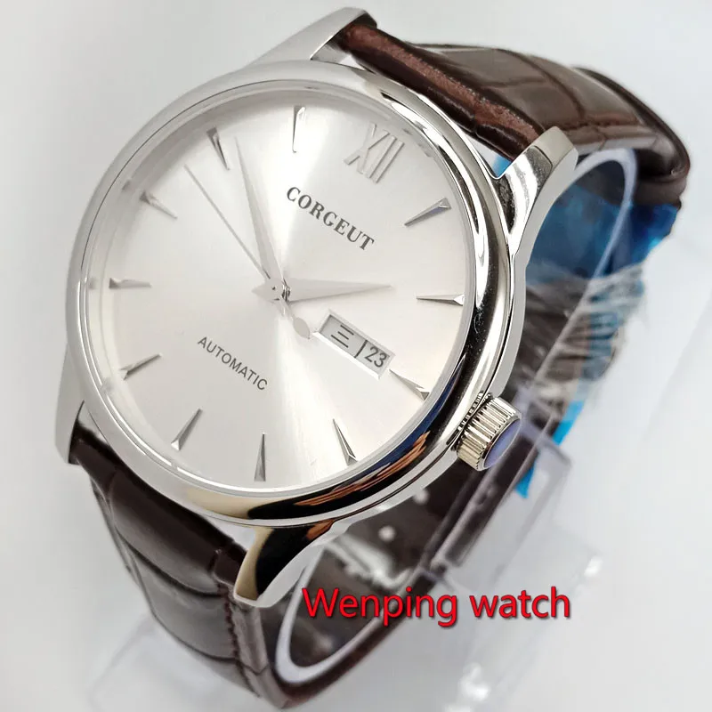 40mm corgeut silver white dial Week and date With brown pattern strap Automatic mens Watches W2767
40mm corgeut silver white dial Week and date With brown pattern strap Automatic mens Watches W2767
