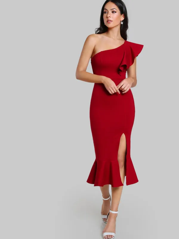 High Quality Wonen Dress New Open Fork One-Shoulder Ruffles Trumpet Mid Calf Bandage Dress Sexy Party Dress
High Quality Wonen Dress New Open Fork One-Shoulder Ruffles Trumpet Mid Calf Bandage Dress Sexy Party Dress