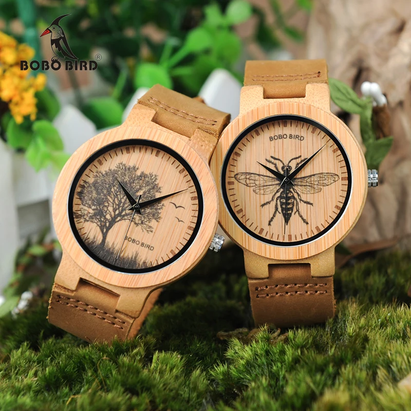 Часы мужские BOBO BIRD деревянные кварцевые с реалистичным принтом и циферблатом