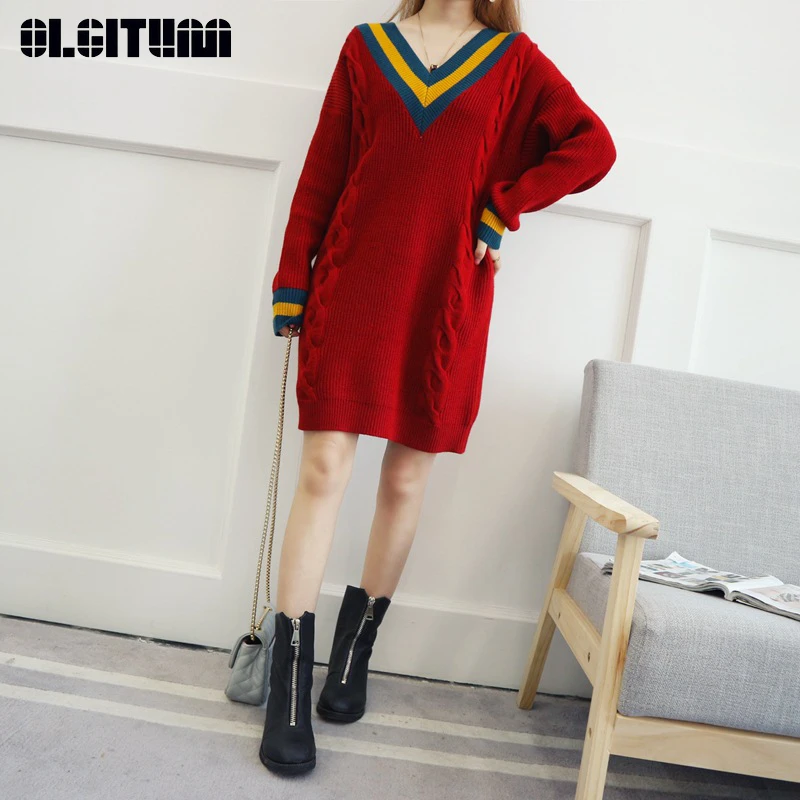 Autumn/Winter New Knit Women Fashion Deep V-neck Long-sleeved Loose Contrast Color Sweater Dress Women Warm Pullover
Autumn/Winter New Knit Women Fashion Deep V-neck Long-sleeved Loose Contrast Color Sweater Dress Women Warm Pullover