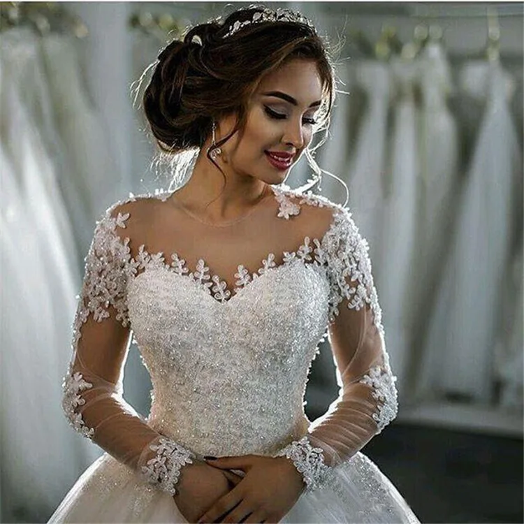 2018 Sheer Neck Bride Ball Gown Long Sleeves Wedding Dresses 2016 Pearls Tulle Lace Vestido de Noiva Casamento Mariage Boda
2018 Sheer Neck Bride Ball Gown Long Sleeves Wedding Dresses 2016 Pearls Tulle Lace Vestido de Noiva Casamento Mariage Boda