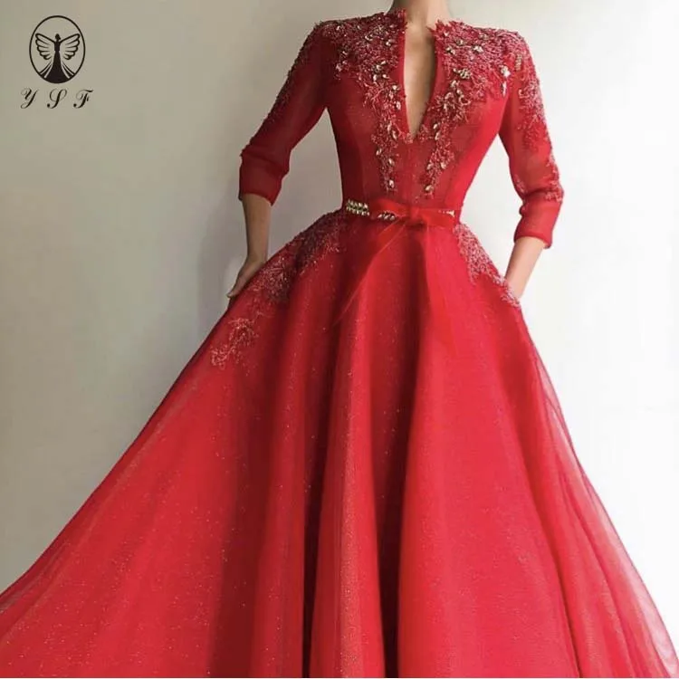 Arabian Design O Neck Appliqued Beaded 3D Flowers Belt Three Quarter Sleeve A Line Red Prom Dresses
Arabian Design O Neck Appliqued Beaded 3D Flowers Belt Three Quarter Sleeve A Line Red Prom Dresses