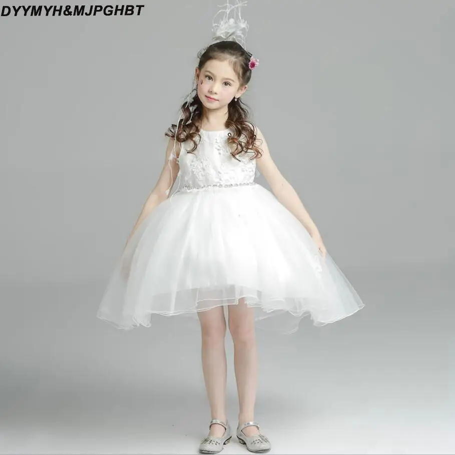 Hi Lo White Flower Girl Dresses Ball Gown Skirt Crystal Sash Lace Top Organza Asymmetrical Girls Pageant Dress | Свадьбы и торжества
